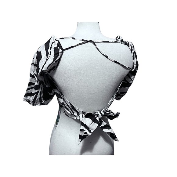Halara Square Neck Puff Sleeve Backless Tie Back Zebra Stripe Crop Top Sz Mediu - Picture 4 of 14